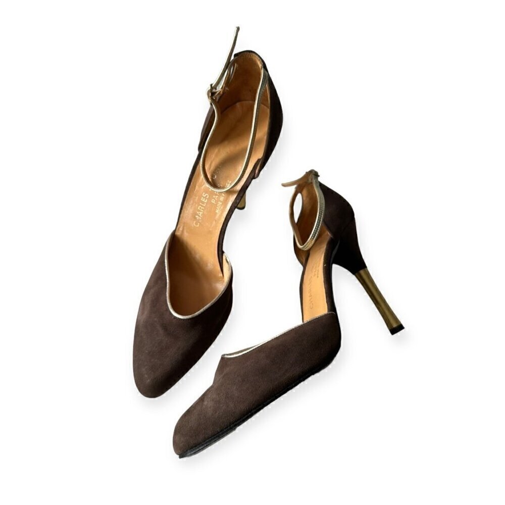 Charles Jourdan Brown Suede Ankle Strap Pumps With‎  Gold Metal Heel, Size 8 1/2